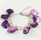 Fashion White Freshwater Pearl And Purple Shell Loop Link Bracelet With Lobster Clasp