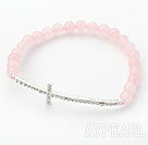 Pink Series 6mm Rose Quartz and Sideway/Side Way White Rhinestone Cross Stretch Bracelet