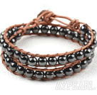 Two Rows Round Hematite Beads Woven Wrap Bangle Bracelet with Metal Clasp