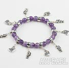 8mm faceted natural amethyst bracelet with heart charms