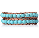 Two Rows Round Turquoise Beads Woven Wrap Bangle Bracelet with Metal Clasp