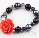 sea shell beads balck agate and amethyst elastic bangle with flower
