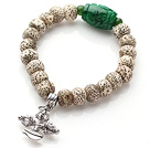 Vintage Style Single Strand Leaves the Bodhi Beads Green Jade Elastic Bracelet with Cross Amulet Charm