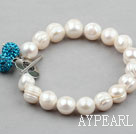 White Screw Thread Freshwater Pearl Bridal Bracelet with Blue Rhinestone Ball and Heart Shape Toggle Clasp