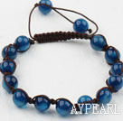 8mm Blue Agate Beaded Woven Drawstring Bracelet with Adjustable Thread