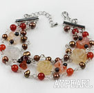 Popular 3-Strand Brown Pearl And Mixed Red White Yellow Agate Flower Bracelet