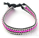 Pink Kristall und Silber Farbe Perlen gewebt Armband mit schwarzem Lederband