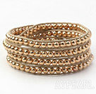 Fashion Style Golden Color Round Copper Beads Woven Wrap Bangle Bracelet with Gray Wax Thread