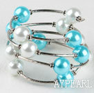 7.5 inches white and sea blue 12mm shell beads bangle bracelet 