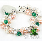 7,5 inches rosa hvit perle og krystall armbånd med hjerte sjarm