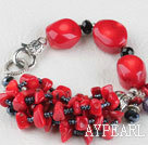 7.9 inches red coral black crystal bracelet with big lobster clasp