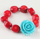 7.5 inches elastic red coral turquoise flower bracelet 