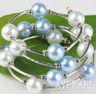 7.5 inches light blue and white 12mm shell beads bangle wrap bracelet 