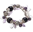 Vintage Style Heart Shape Clear Crystal Purple Agate Amethyst Tibet Silver Accessory Charm Bracelet With Toggle Clasp