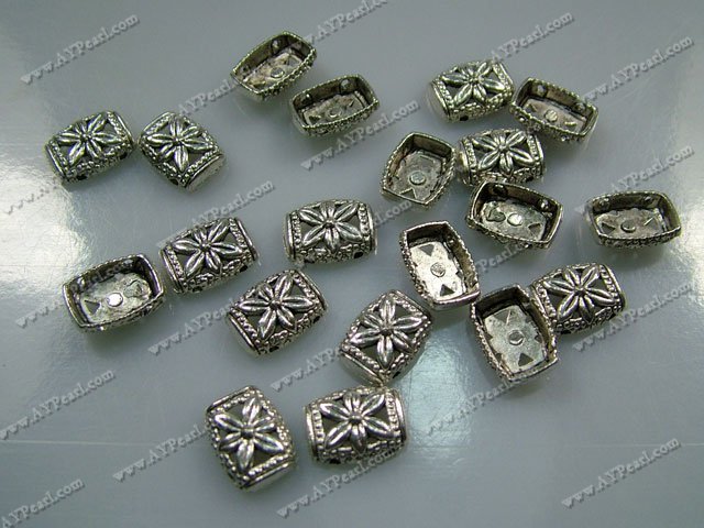 Metal alloy beads, 8*12mm rectanlge with flower, Sold per pkg of 50.