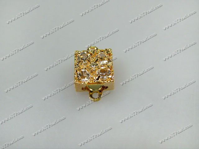 Box clasps, golden,with Rhinestone ,9*9mm square, Sold per pkg of 50.