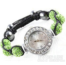 Mote Stil Apple Green Color Rhinestone Ball Watch Snøring armbånd
