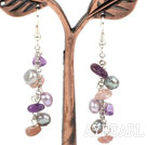 Dangle Style Frshwater Pearl and Amethyst and Strawberry Quartz Long Earrings