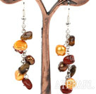 Dangle Style Brown Series Freshwater Pearl and Tiger Eye and Red Jasper Long Earrings