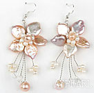 Natural Violet Coin Pearl and White Pearl Crystal Flower Shape Earrings