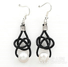 Simple Design Natural White Freshwater Pearl Earrings with Black Leather Cord