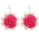 Fashion Style weißen Süßwasser-Zuchtperlen und Pink Acylic Blumen Ohrringe