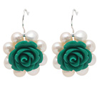 Fashion Style weißen Süßwasser-Zuchtperlen und Grün Acylic Blumen Ohrringe