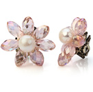Natural White Freshwater Pearl och Fasett Konstgjort Crystal Flower Clip - On Ear Studs