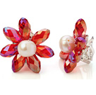 Mode Natural White Freshwater Pearl och Fasett Konstgjort Red Crystal Flower Clip - On Ear Studs