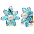 Mode Natural White Freshwater Pearl och Fasett Konstgjort Blue Crystal Flower Clip - On Ear Studs
