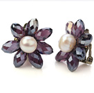 Mode Natural White Freshwater Pearl och Fasett Konstgjort Purple Crystal Flower Clip - On Ear Studs