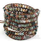 Long Style 4mm Indian Agate Wrap Bangle Bracelet with Brown Thread and Shell Clasp
