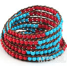 Lang stil 4mm Round Coral og Turquoise Wrap Bangle Bracelet med Brown Tråd og Shell Clasp