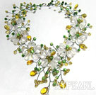 Elegant Clear and Lemon Color Crystal and Cat Eye Flower Necklace