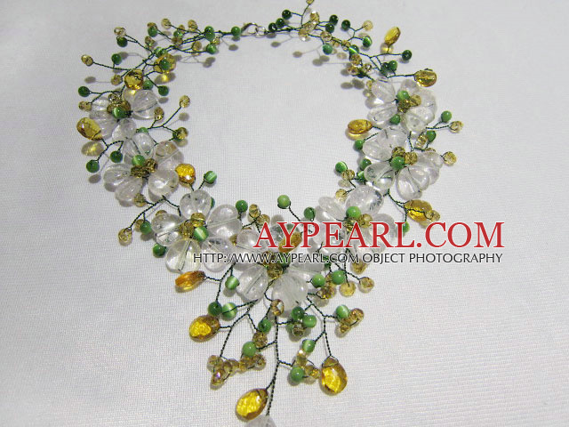 Elegant Clear and Lemon Color Crystal and Cat Eye Flower Necklace