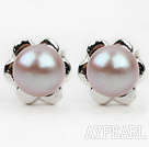 Fashion Style 6-7mm Natural Violet Freshwater Pearl Studs Earrings with Flower Shape Accessories