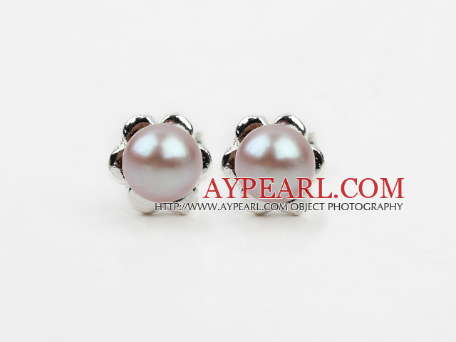 Fashion Style 6-7mm Natural Violet Freshwater Pearl Studs Earrings with Flower Shape Accessories