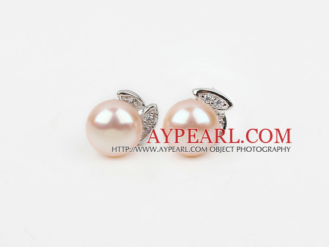 Fashion Style 9-10mm Natural Pink Freshwater Pearl Studs Earrings with Rhinestone Accessories