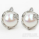 Fashion Style 11-12mm Natural White Freshwater Pearl Studs Earrings with Flower Shape Rhinestone Accessories