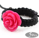 5 Pieces Hot Pink Color Imitation Turquoise Rose Flower Woven Drawstring Adjustable Ring