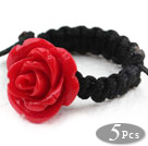 Red Color Imitation Turquoise Rose Flower Weaved Drawstring Adjustable Ring