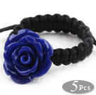 5 Pieces Dark Blue Color Imitation Turquoise Rose Flower Woven Drawstring Adjustable Ring