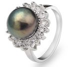 Classic Natural 8-9mm Black Freshwater Pearl Ring With Charming Rhinestones