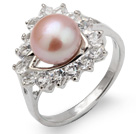 Mode Natural 8 - 9mm rosa sötvattenspärla Ring med vackra Rhinestone och Triangle Charm