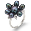 Beautiful Natural 5-6mm Black Freshwater Pearl Flower Ring With Charming Rhinestone