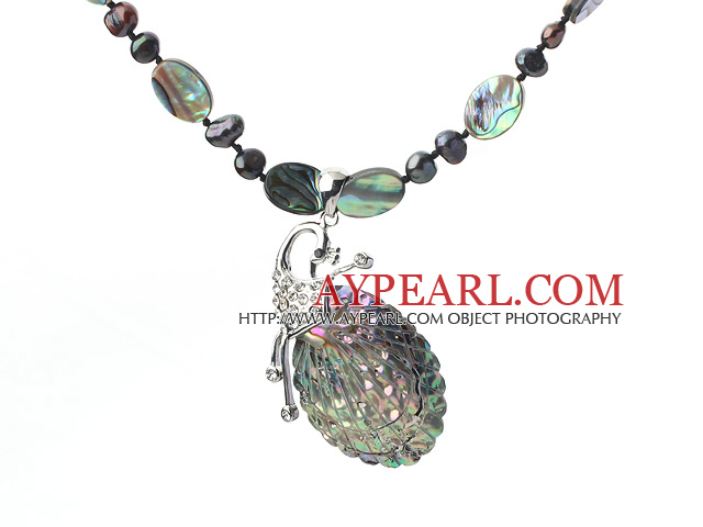 Black Freshwater Pearl and Abalone Shell Pendant Necklace