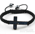 Sideway/Side Way Two Row Cross with Dark Blue Rhinestone Woven Adjustable Drawstring Bracelet with Hematite Beads
