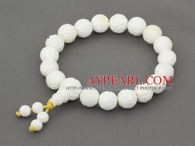 10mm Round Carved Lotus White Sea Shell Beaded Stretch Prayer / Rosary Bracelet