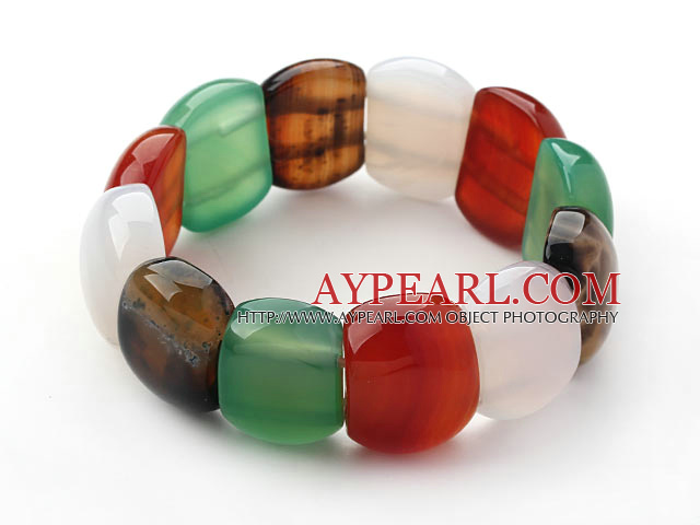 Assorted Fillet Square Shape Multi Color Agate Stretch Bangle Bracelet