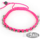 5 Pieces Hot Pink Thread and White Square Shape Rhinestone and Hematite Woven Adjustable Drawstring Bracelets